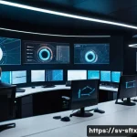 보안 오케스트레이션의 운영 비용 절감 방안 - A panoramic shot of a modern, high-tech cybersecurity operations center in a sleek, minimalist Swedi...