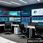 Home 22 보안 오케스트레이션의 데이터 수집 방법 - A high-tech cybersecurity operations center in Stockholm with multiple large screens displaying real...
