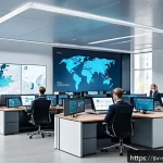 Home 21 보안 오케스트레이션 자동화의 기술적 진화 - A futuristic cybersecurity operations center featuring diverse professionals collaborating around la...