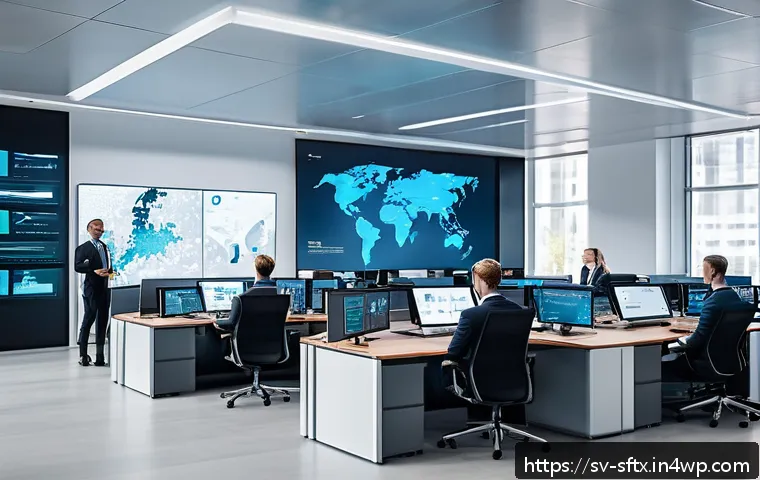 보안 오케스트레이션 자동화의 기술적 진화 - A futuristic cybersecurity operations center featuring diverse professionals collaborating around la...