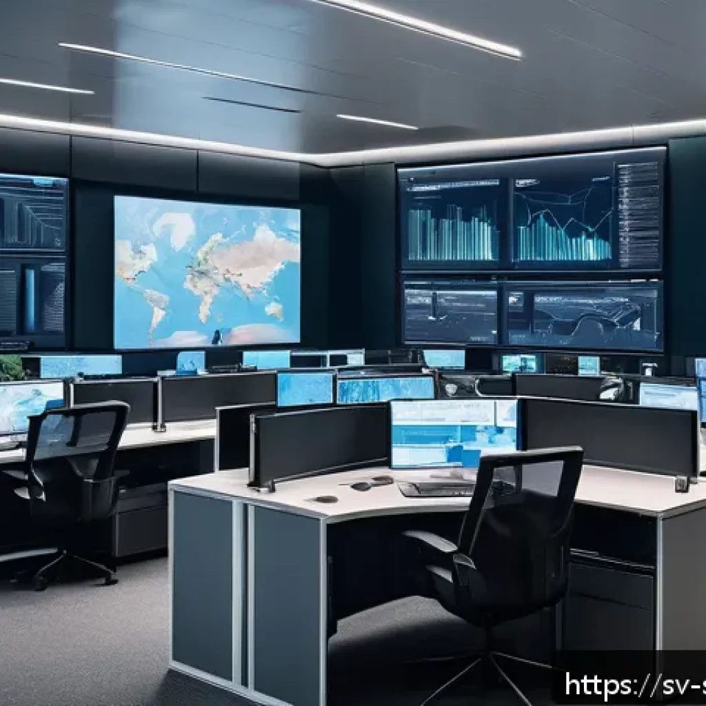 보안 오케스트레이션의 실시간 위협 탐지 - A high-tech cybersecurity control room with multiple large digital screens displaying real-time netw...