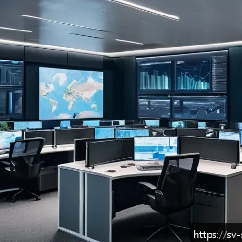 Home 32 보안 오케스트레이션의 실시간 위협 탐지 - A high-tech cybersecurity control room with multiple large digital screens displaying real-time netw...
