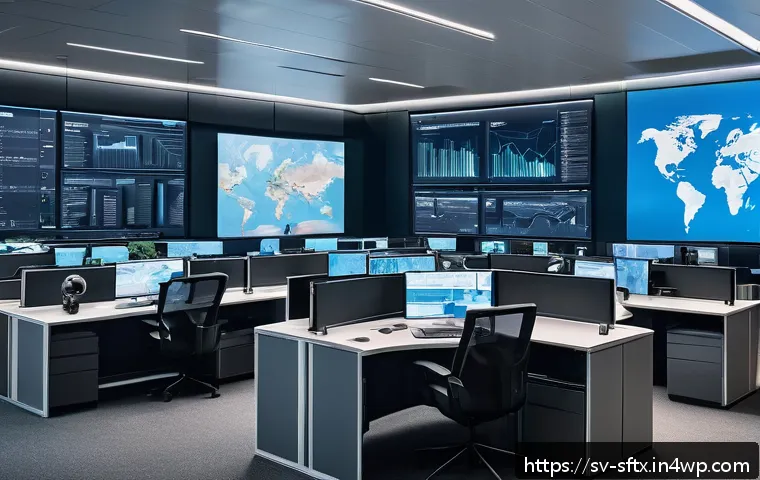 보안 오케스트레이션의 실시간 위협 탐지 - A high-tech cybersecurity control room with multiple large digital screens displaying real-time netw...